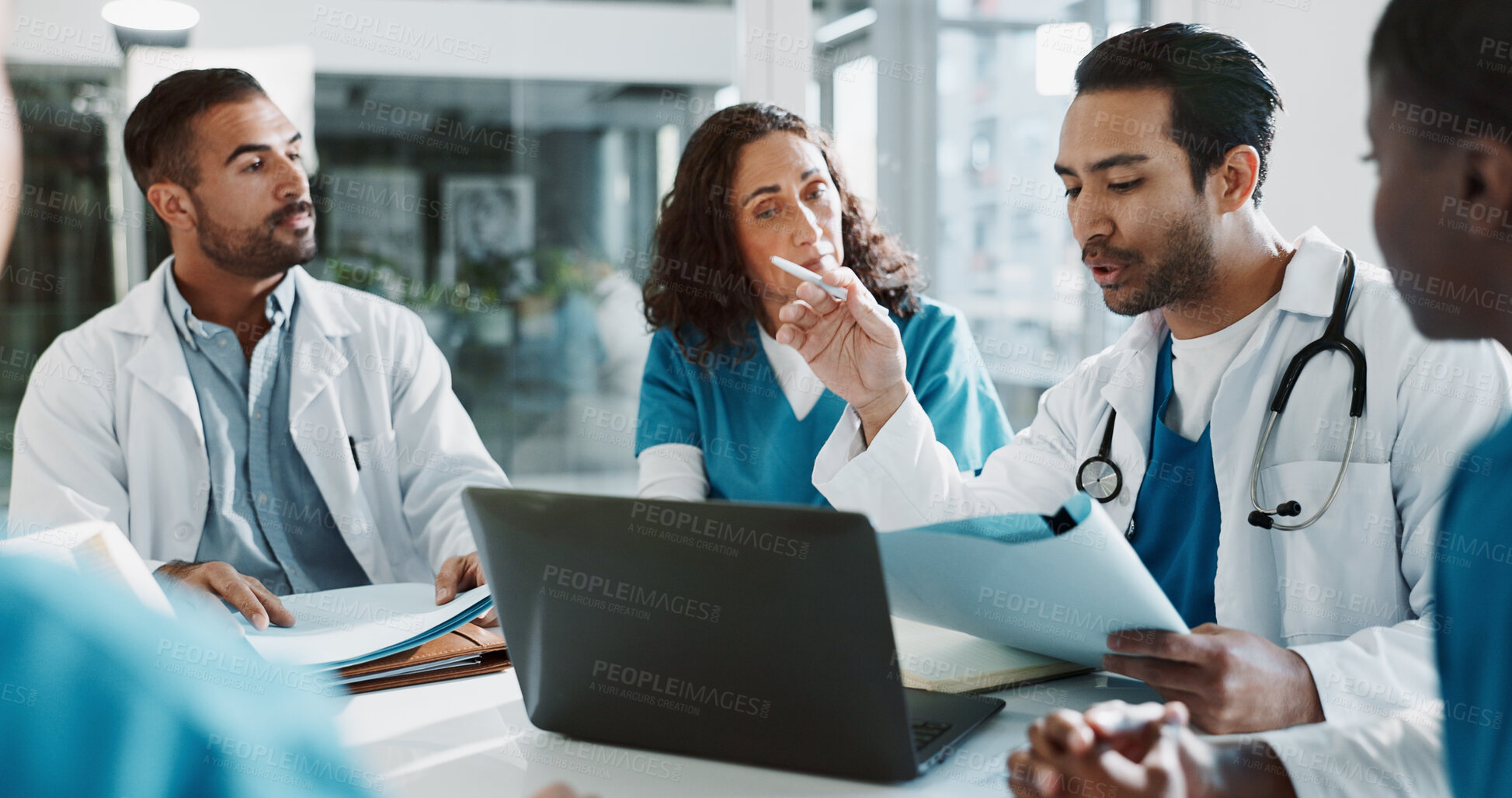 Buy stock photo Doctor, nurse and laptop with discussion in clinic for healthcare treatment innovation or IRB approval report. Diversity, team or medical staff in hospital boardroom with paperwork for patient record
