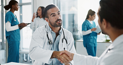 Buy stock photo Meeting, handshake and doctors in office at hospital for planning medical diagnosis or treatment. Discussion, interview and healthcare worker shaking hands with board director at clinic for feedback.