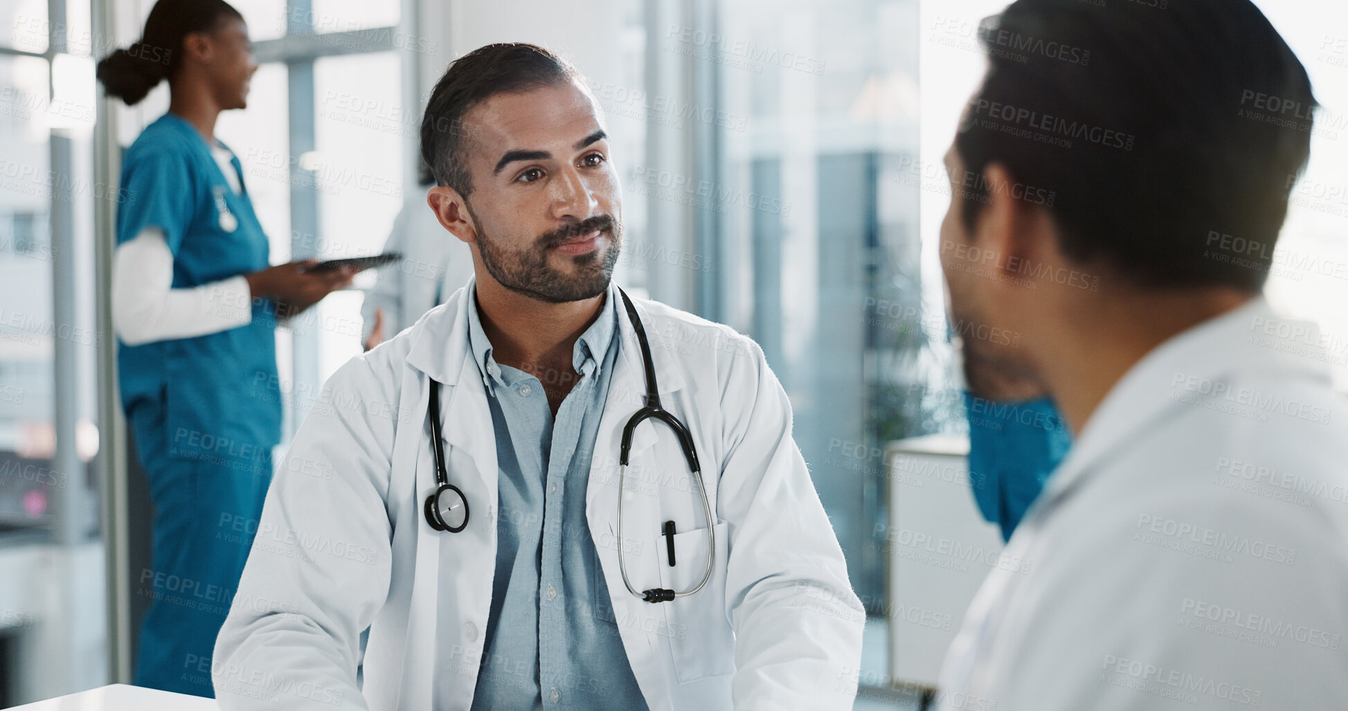 Buy stock photo Meeting, talking and doctors in office at hospital for planning medical diagnosis, treatment or surgery. Discussion, interview and healthcare worker with board director at clinic for feedback.