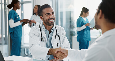 Buy stock photo Meeting, shaking hands and doctors in office at hospital for pharmaceutical deal with medical treatment. Discussion, partnership and healthcare worker with director at clinic with handshake feedback.