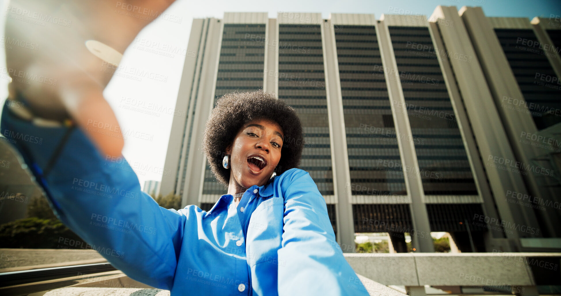 Buy stock photo Black woman, selfie and happy in city for social media, photography and holiday break with portrait. Female person, memory or profile picture outdoor for travel, vacation and smile with fun in Madrid