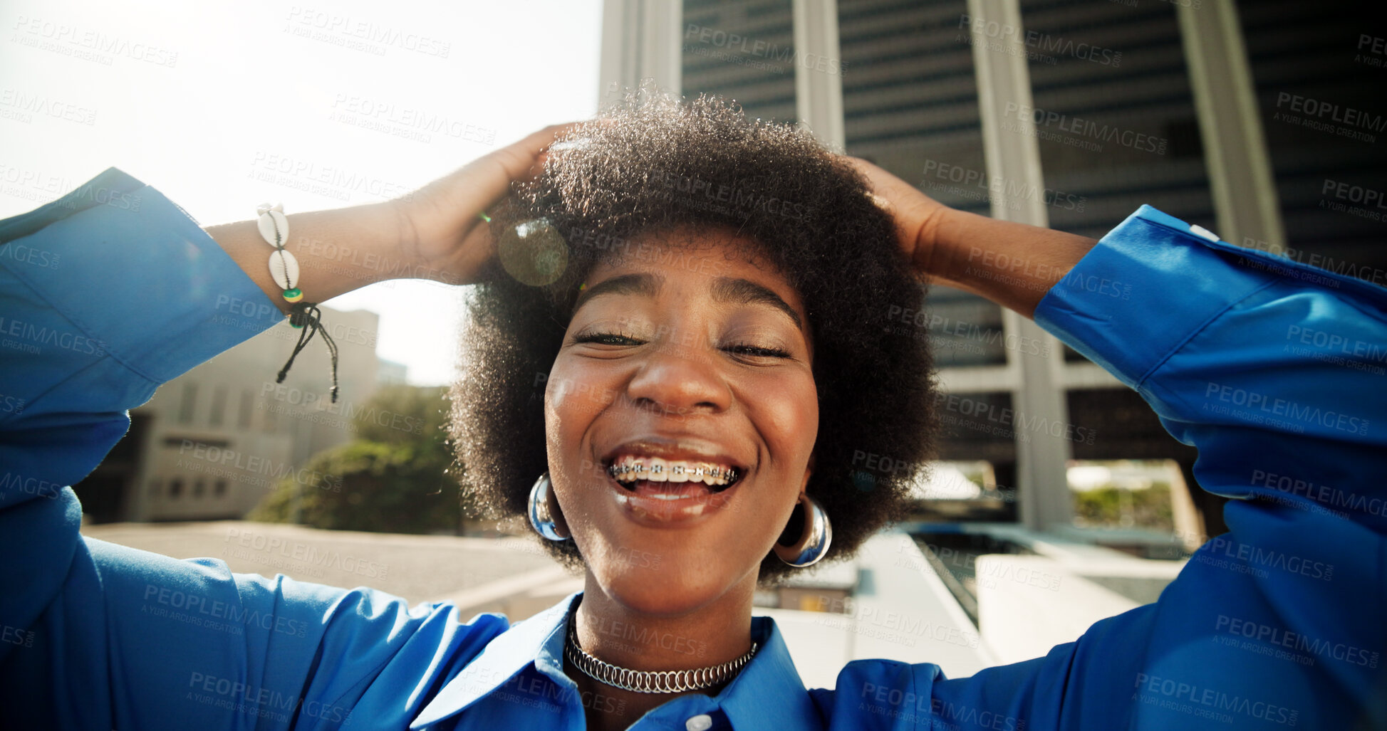 Buy stock photo Portrait, black woman and fashion in city outdoor with streetwear, stylish clothes and accessories of travel. Smile, girl and braces with trendy aesthetic for urban commute, afro hair and jewellery