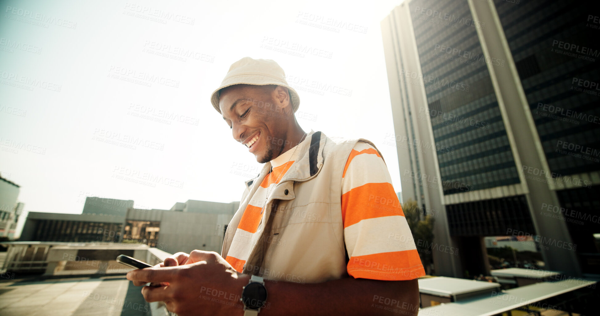 Buy stock photo Fashion, typing and black man in city, smartphone and smile with connection, buildings and texting. African person, outdoor and guy in street, cellphone and message to contact, social media and app