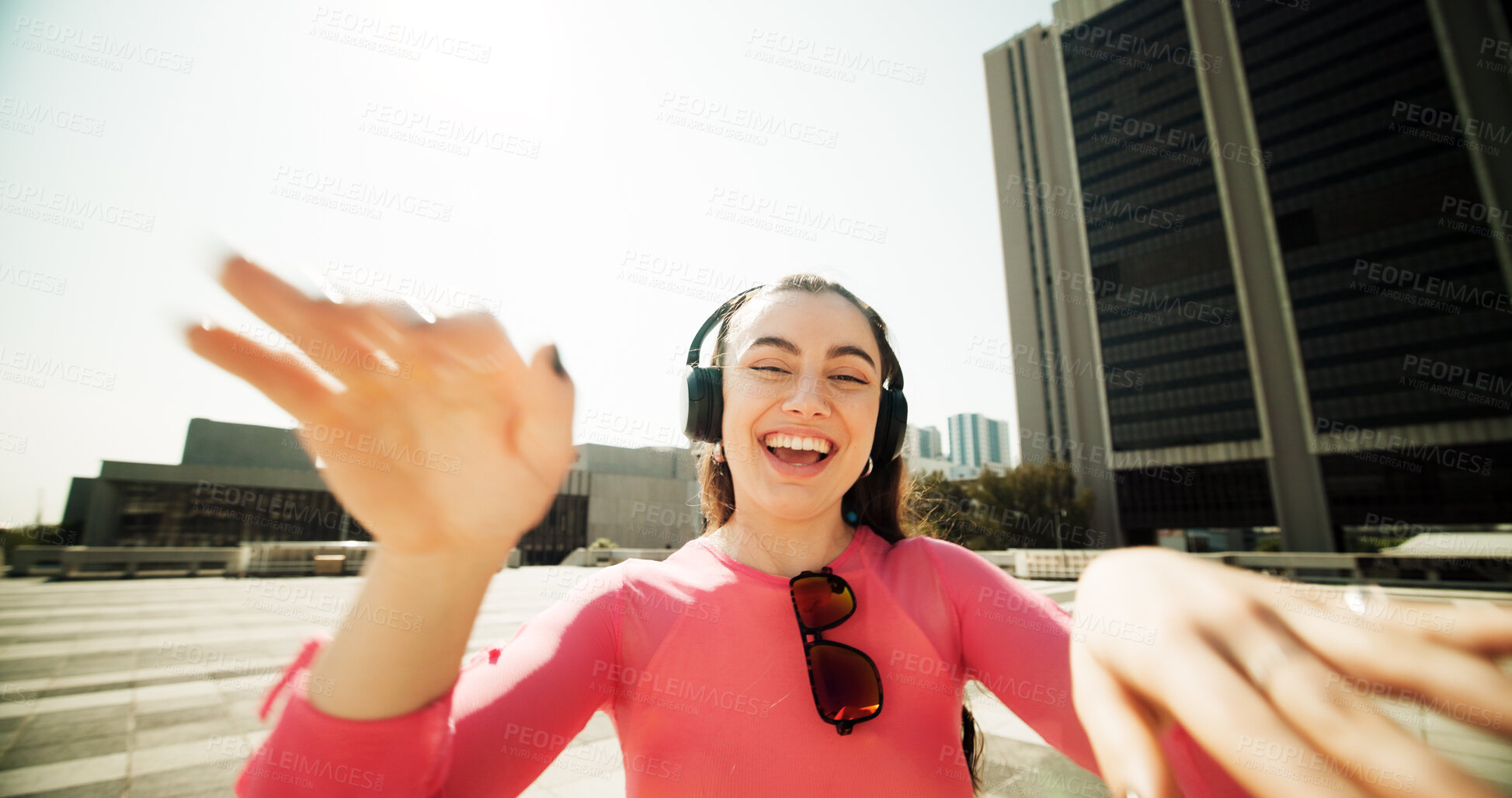 Buy stock photo Music, headphones and dance with woman in city for sound, playlist and techno. Hip hop, podcast and broadcast streaming with gen z person listening in outdoor to audio for radio, happiness and summer