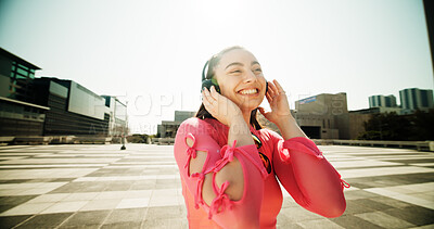 Buy stock photo Smile, woman and travel with headphones outdoor for listening to music, streaming podcast and audio. Happy, girl and earphones for sound experience, online service and subscription of entertainment