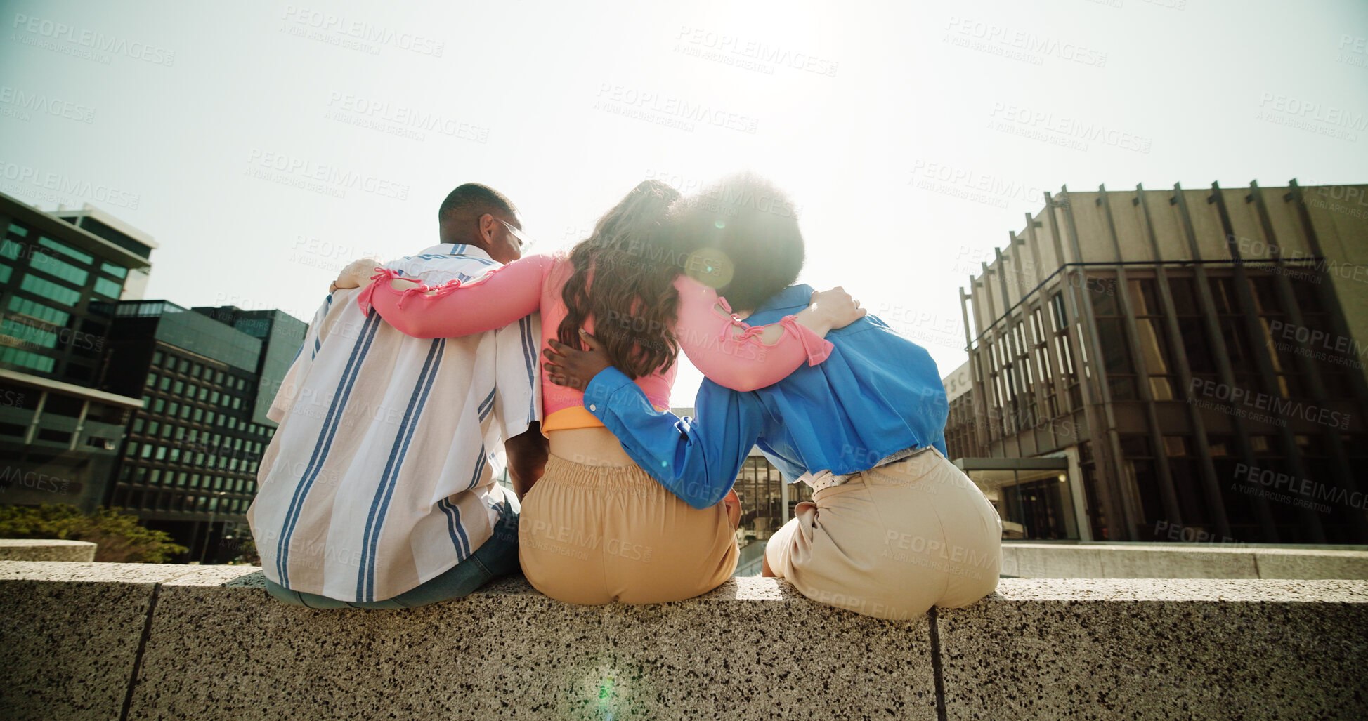 Buy stock photo Friends, hug and fashion with back of people in city for youth, culture and identity. Support, community and cool with group outdoor in urban downtown for vacation, trends or streetwear style