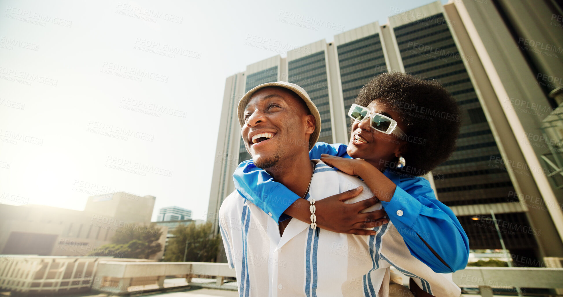 Buy stock photo Black people, couple and happy outdoor on hug in city for love, bonding and support. Relationship, gen z and smile with care for fashion, swag and street style on break to relax, fun and together