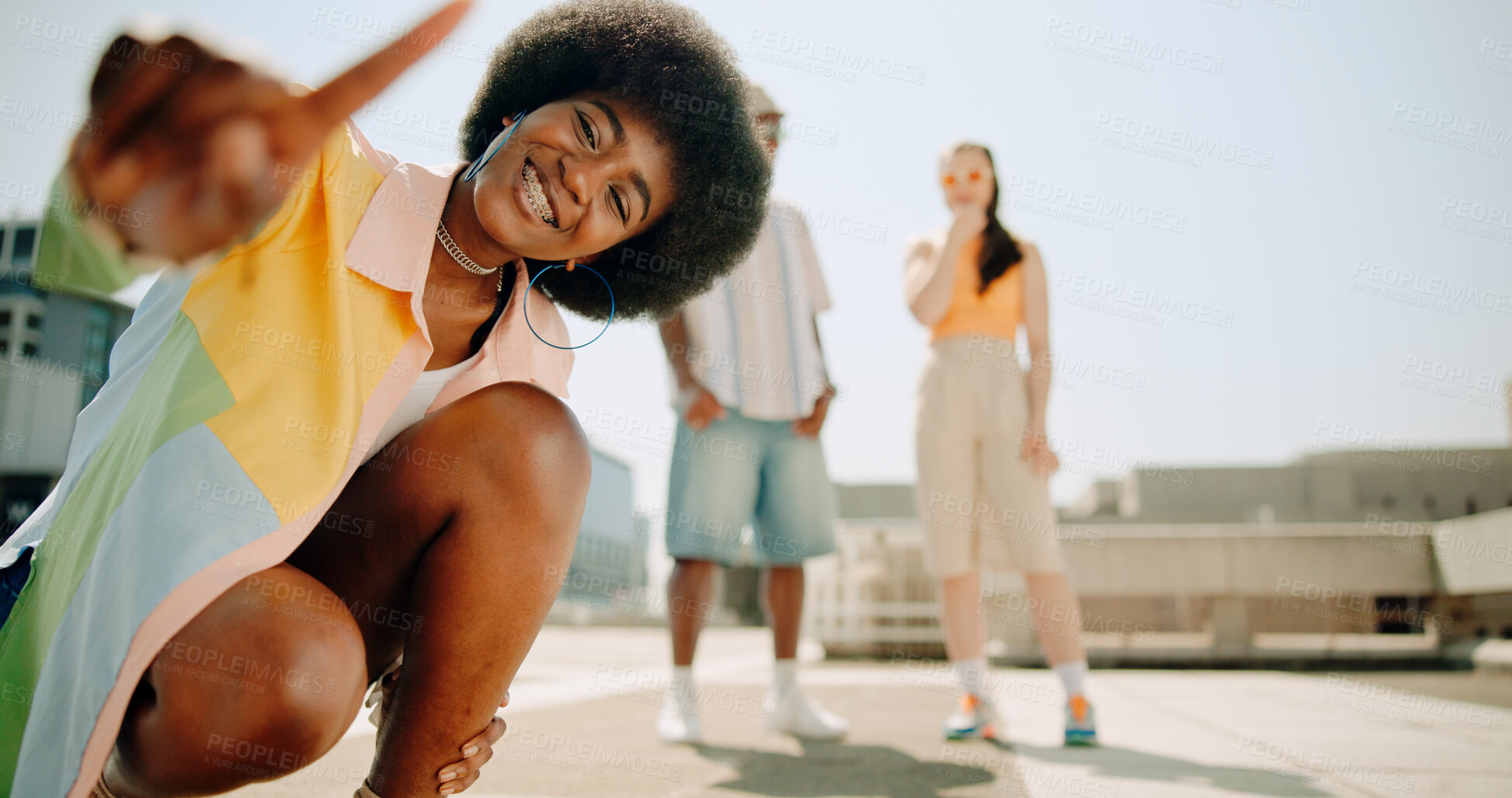 Buy stock photo Start, recording and portrait of friends in city for social media trend, online challenge and viral post. Influencer, live streaming and content creator with people for selfie, gen z and talent 