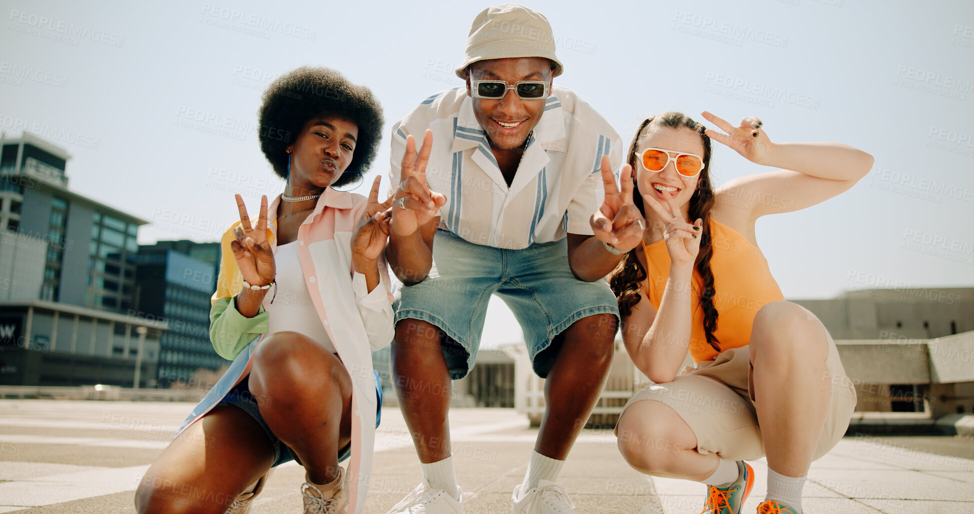 Buy stock photo People, portrait or city with peace sign for fashion, urban style or cool summer together in town. Young, group or gen z with smile, emoji or gesture in stylish clothing or outfit for holiday weekend