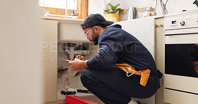 Buy stock photo Plumbing, house and handyman with clipboard, maintenance or service with contractor. Employee, expert or repair with checklist, inspection or quality control with industry, home renovation or writing