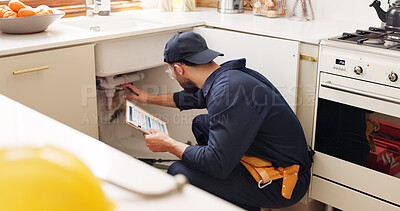 Buy stock photo Plumber, house and handyman with clipboard, inspection and maintenance with expert. Employee, contractor and repair with checklist, service or quality control with industry, home renovation or skills