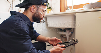 Buy stock photo Plumber, house or handyman with wrench for maintenance, skills or small business. Person, employee or repair with equipment, safety or industry with service, home renovation or labour with contractor