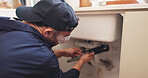 Plumbing, house and handyman with tools for maintenance, contractor or small business. Person, employee or repair with equipment, skills or industry with service, home renovation or labour with pipes