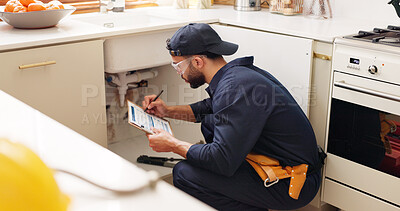 Buy stock photo Plumber, house and handyman with checklist, maintenance and service with expert. Employee, contractor and repair with skills, inspection or quality control with industry, home renovation or clipboard