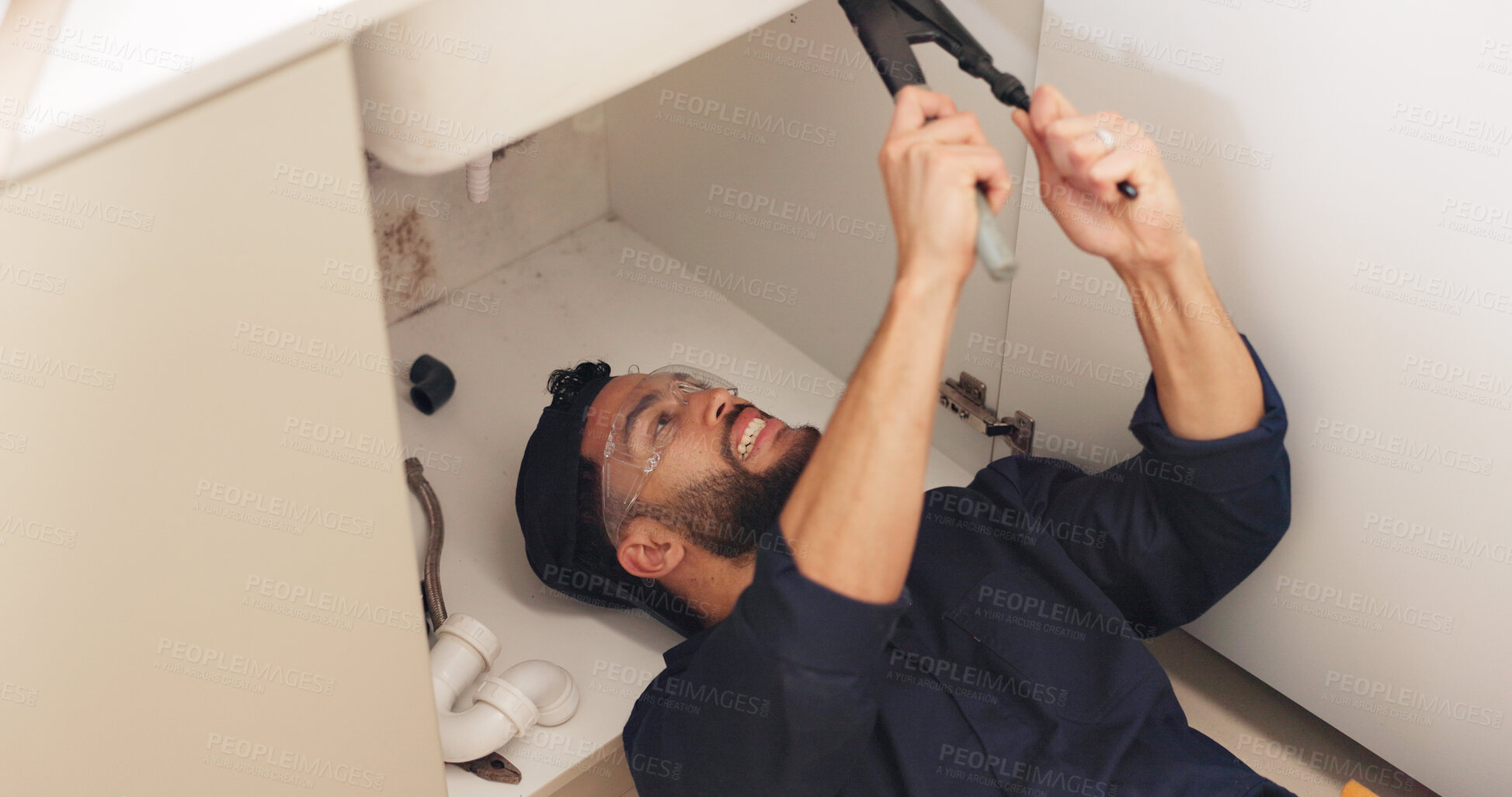 Buy stock photo Plumber, house and handyman with maintenance, repair and skills with equipment, fixing and small business. Person, entrepreneur and industry with tools, contractor and service for home renovation