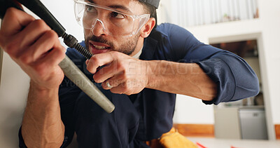 Buy stock photo Plumber, house and handyman with tools for maintenance, contractor or small business. Person, employee or repair with equipment, safety or industry with service, home renovation or labour with skills