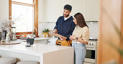 Buy stock photo Woman, kitchen and plumber with contract on clipboard for maintenance service, information and repairs. House, discussion and man with notes in checklist for renovation, inspection or client feedback