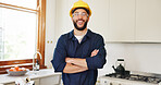 Kitchen, man and happy with arms crossed as plumber for home repairs and diy in Mexico. Male person, small business and smile or confident in portrait for renovation, maintenance and handyman skills