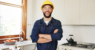 Buy stock photo Kitchen, man and happy with arms crossed as plumber for home repairs and diy in Mexico. Male person, small business and smile or confident in portrait for renovation, maintenance and handyman skills