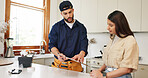 Woman, home and plumber with contract on clipboard for maintenance service, information and repairs. Kitchen, discussion and man with notes in checklist for renovation, inspection or customer invoice