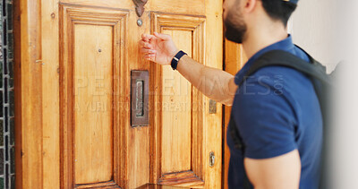 Buy stock photo Delivery, hand and man knock on door for shipping, distribution service or back. Courier, order or person at home entrance for retail logistics, supply chain or visit for ecommerce or online shopping
