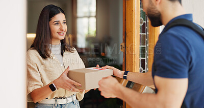 Buy stock photo Delivery man, front door and woman with packaging, shipping or friendly service with cardboard. People, courier or customer with parcel, house or product with industry, supply chain or distribution