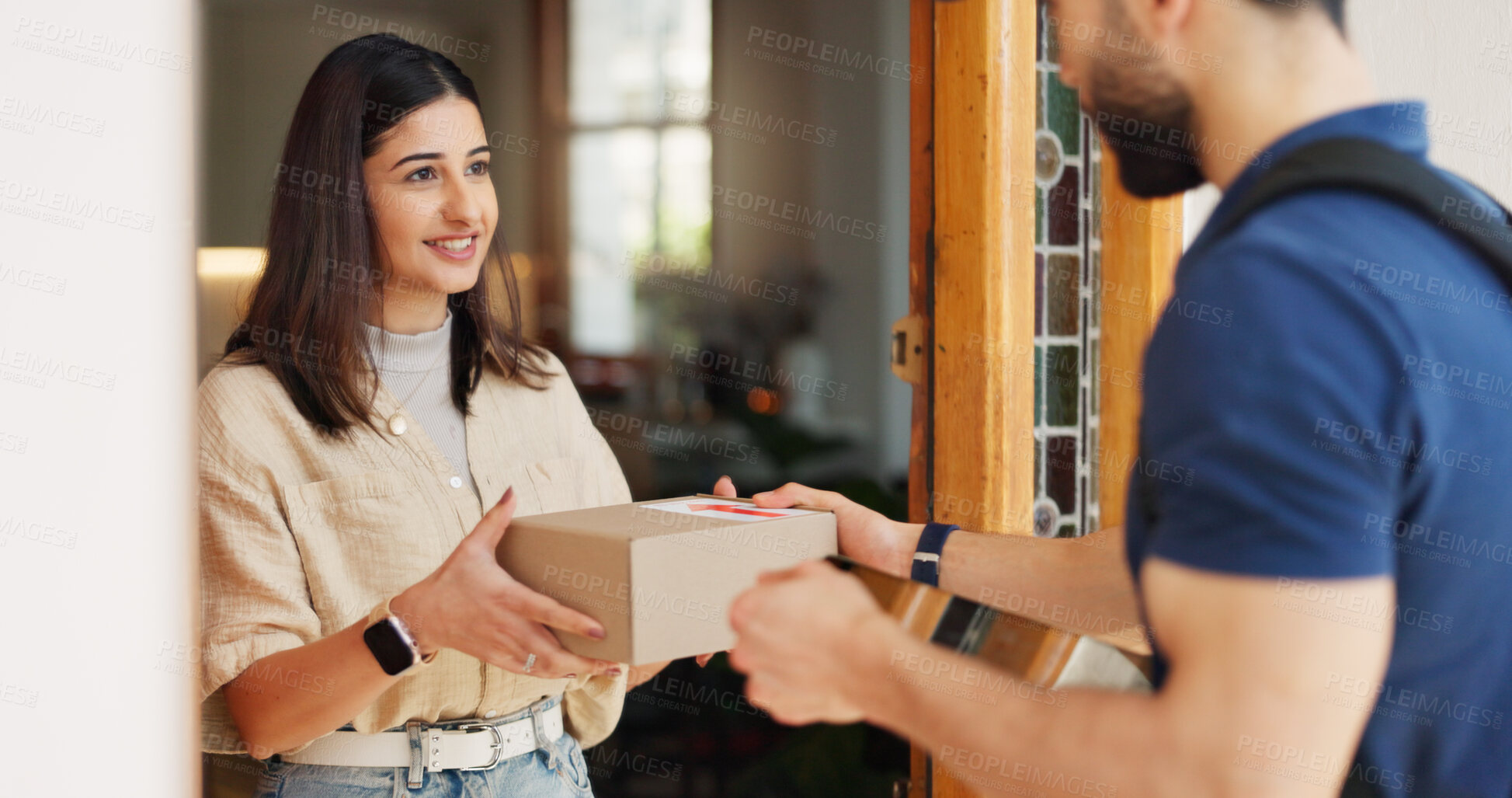 Buy stock photo Delivery man, front door and woman with packaging, shipping or friendly service with cardboard. People, courier or customer with parcel, house or product with industry, supply chain or distribution