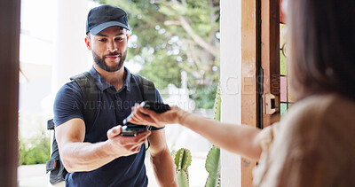 Buy stock photo Delivery man, woman and phone payment in home for online shopping order, parcel distribution or POS. Logistics, supply chain or customer with courier service at front door for contactless transaction