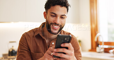 Buy stock photo Home, typing and man with smartphone, smile and internet with social media, connection and digital app. Apartment, person or guy with cellphone, online reading for news and message to contact or text