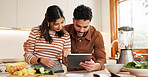 House, cooking and couple with tablet, online recipe and bonding together with social media. Apartment, man or woman in kitchen, vegetables or tech with internet, ingredients or website for nutrition