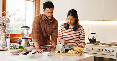 Buy stock photo House, cooking and couple with tablet, vegetables and bonding together with social media. Healthy meal, man or woman in kitchen, online recipe or tech with app, ingredients or website for nutrition