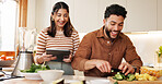 House, cooking and couple with tablet, funny and bonding together with online recipe. Apartment, man or woman in kitchen, vegetables or tech with organic food, ingredients or website for nutrition