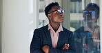 Business, thinking and black man with glasses, window and thoughts with pride, contemplation and smile. Person, agent or consultant with view, eyewear or clear vision with solution or problem solving