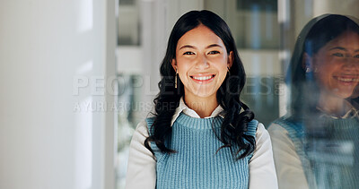 Buy stock photo Portrait, smile and window with business woman in office for internship or start of corporate career. About us, ambition and mission with face of happy employee in workplace for career development