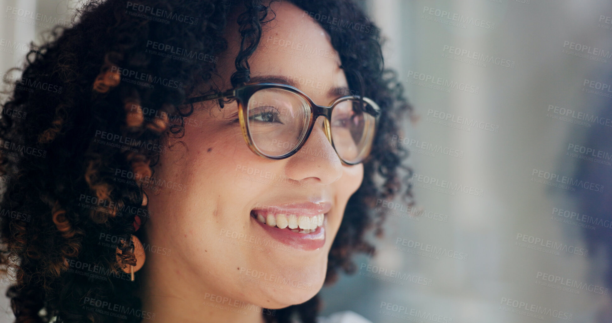 Buy stock photo Business, thinking and woman with glasses, ideas and thoughts with window, contemplation and smile. Person, employee or consultant with view, eyewear and clear vision with solution or problem solving