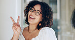 Portrait, business and woman with peace sign, smile and support with kindness in office. Face, consultant and fashion designer with hand gesture, happiness and icon with symbol, feedback and review