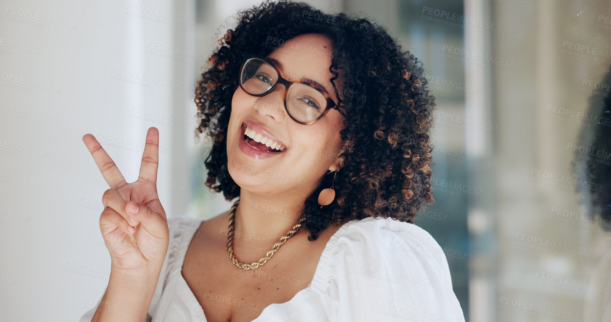 Buy stock photo Portrait, business and woman with peace sign, smile and support with kindness in office. Face, consultant and fashion designer with hand gesture, happiness and icon with symbol, feedback and review