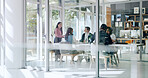 Boardroom, meeting and seminar with business people in office for discussion or planning. Collaboration, development or workshop with corporate men and women in workplace for strategy or vision