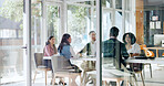 Boardroom, meeting and workshop with business people in office for discussion or planning. Collaboration, development or seminar with corporate men and women in workplace for strategy or vision