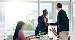 Business people, meeting or smile with handshake in office for welcome, b2b collaboration or contract success. Professional, employees or shaking hands with applause for agreement or partnership deal