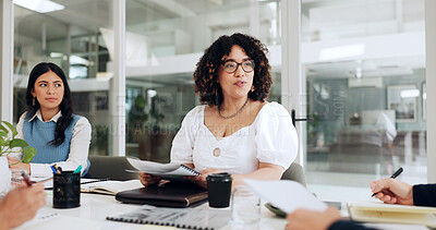 Buy stock photo Group, discussion and teamwork with paperwork, workshop and documents in meeting or boardroom. Business people, talking and working in company or workplace for collaboration, career and brainstorming