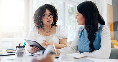 Buy stock photo Conversation, tablet and business people in meeting, planning and brainstorming for project. Employees, consulting agency and coworkers with paperwork and information for proposal, talk or web design