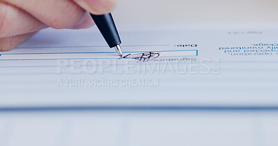 Buy stock photo Hands, signature and person with document in office for onboarding process for new job. Paperwork, closeup and hiring candidate writing for recruitment with legal agreement for employment compliance.