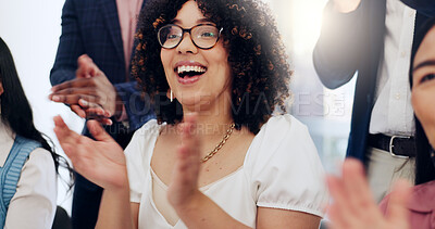 Buy stock photo Woman, applause and teamwork for celebration, workshop and success in meeting or achievement. Business people, happiness and audience with excited in workplace for winning, promotion and presentation