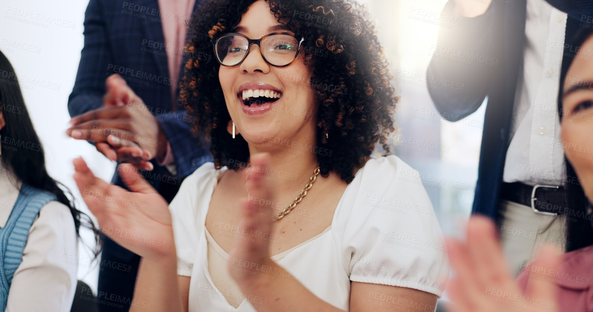 Buy stock photo Woman, applause and teamwork for celebration, workshop and success in meeting or achievement. Business people, happiness and audience with excited in workplace for winning, promotion and presentation