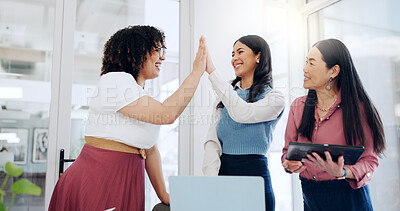 Buy stock photo Women, tech or high five in office for success, company growth or excited for business development. Team, happy or hand gesture in workplace for positive reinforcement, feedback or target achievement