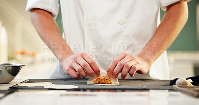 Buy stock photo Dumpling, pastry and hands of man in kitchen for hospitality, craft and Asian culture in restaurant. Culinary professional, baker and chef with dough in cooking class for traditional Chinese food.