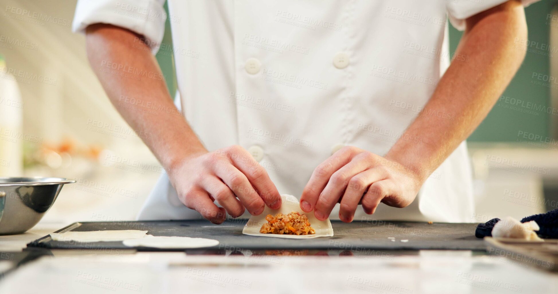 Buy stock photo Dumpling, pastry and hands of man in kitchen for hospitality, craft and Asian culture in restaurant. Culinary professional, baker and chef with dough in cooking class for traditional Chinese food.