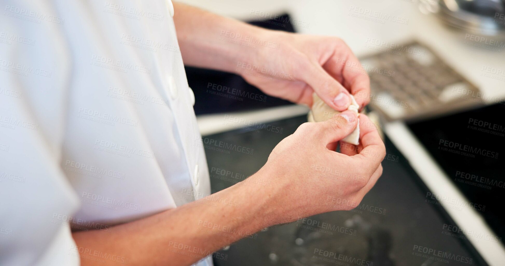 Buy stock photo Dumpling, pastry and hands of chef in kitchen for hospitality, craft and Asian culture in restaurant. Culinary professional, baker and man with dough in cooking class for traditional Chinese food.