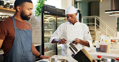 Buy stock photo Cooking, course and chef teaching man in kitchen for knife skills, cutting technique and learning. Culinary class, students and mentor with lesson on food preparation and education in hospitality